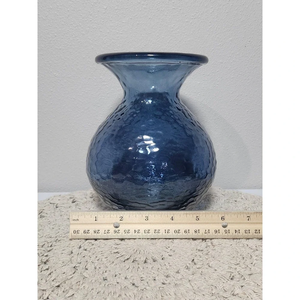 Blue Recycled Glass Vase Hammered Texture Round Bulbous Floral Decor 7.5 inch